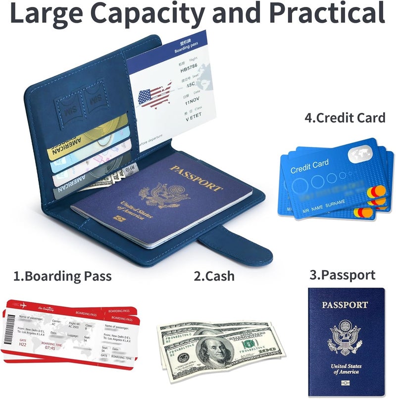 KAOBAN Passport Holder, Passport Cover with Credit Card Slot and Boarding Pass Slot Combo, Passport Wallet Case Book Travel Must Have, RFID Blocking Leather Travel Accessories, Dark Blue - Image 4
